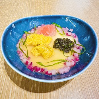 Knife Pleat - Golden Osetra Caviar - Soy panna cotta, sea urchin, farmers market citrus - French Near Me - Costa Mesa, California Knife Pleat - Golden Osetra Caviar - Soy panna cotta, sea urchin, farmers market citrus - French Near Me - Costa Mesa, California