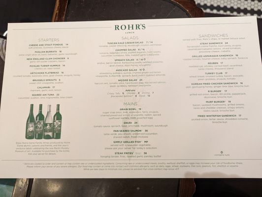 Menu photo 4 Rohr's Notre Dame, IN