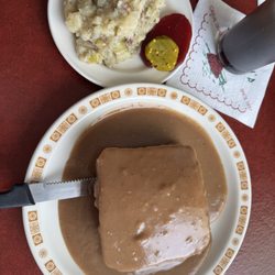 Schwabl's Restaurant - Open face beef sandwich with German potato salad