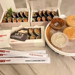 Beef Rib Gimbap ( )Fried Shrimp Gimbap ( )Bulgogi Gimbap ( )Jaws Topokki Soup ( )