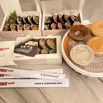 Jaws Topokki - Beef Rib Gimbap ( )Fried Shrimp Gimbap ( )Bulgogi Gimbap ( )Jaws Topokki Soup ( ) - Korean Near Me - Los Angeles, California