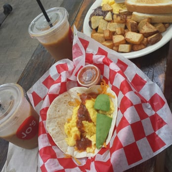 Jo's Coffee Downtown - Belgian bomber, taco with avocado, scrambled egg platter with sausage - Coffee & Tea Near Me - Austin, Texas Jo's Coffee Downtown - Belgian bomber, taco with avocado, scrambled egg platter with sausage - Coffee & Tea Near Me - Austin, Texas