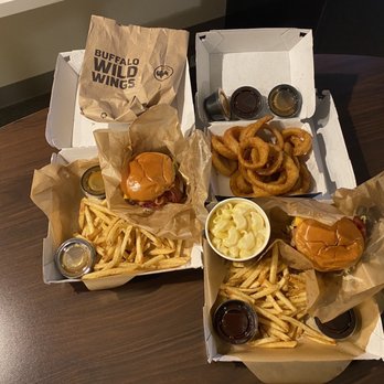 Buffalo Wild Wings - a box of fries and a burger - American Near Me - Rochester, Minnesota Buffalo Wild Wings - a box of fries and a burger - American Near Me - Rochester, Minnesota