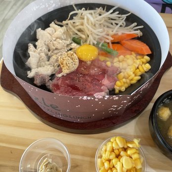 Sizzling Lunch - Combo plate with Ribeye Steak and Chicken along with an added egg, side of corn and extra garlic butter - Teppanyaki Near Me - Fremont, California