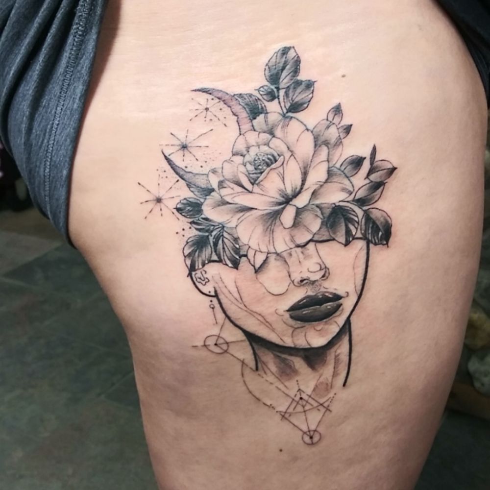 Half Face, Half Flower Tattoo Art
