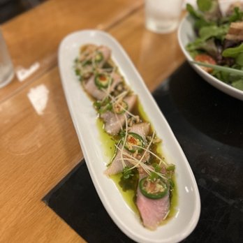 Izakaya Akatsuki - yellowtail jalapeño with crispy onions: yellowtail, jalapeño, crispy onion, ponzu = $17.50 - Noodles Near Me - Gardena, California