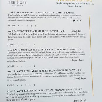 Beringer Vineyards - Tasting menu - Wineries Near Me - St. Helena, California