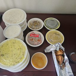 Aloo Jeera, Mirchi-Ka-Salan, Panchamel Dhal, Kale Subji, Chilly Cauliflower Florets, Punjabi Samosa, and extra basmati and lemon rice =) Aloo Jeera, Mirchi-Ka-Salan, Panchamel Dhal, Kale Subji, Chilly Cauliflower Florets, Punjabi Samosa, and extra basmati and lemon rice =)