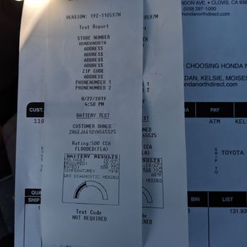 Honda North - Check dates stamp on the battery print outs from when I first dropped it off vs when I picked it up and took it too Toyota. - Auto Repair Near Me - Clovis, California