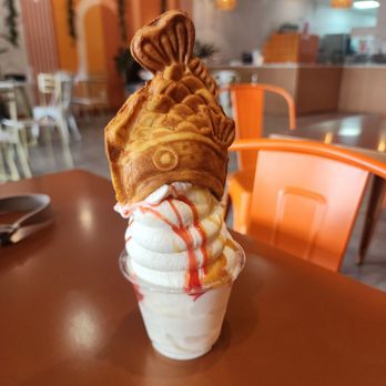 Kichi Taiyaki - Japanese Desserts Cafe - Taiyaki cone, vanilla ice cream with caramel and strawberry sauce - Ice Cream & Frozen Yogurt Near Me - Brandon, Florida Kichi Taiyaki - Japanese Desserts Cafe - Taiyaki cone, vanilla ice cream with caramel and strawberry sauce - Ice Cream & Frozen Yogurt Near Me - Brandon, Florida