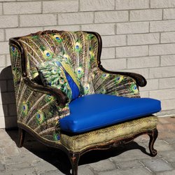 Bespoke Original Design - Peacock printed on microfiber on a Berger chair that's reupholstered.