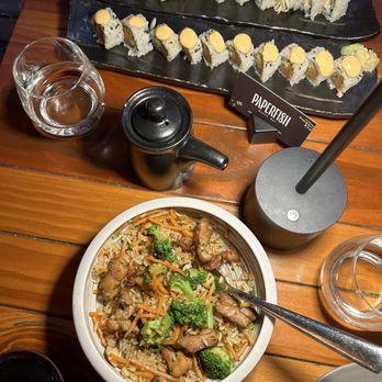 Paperfish Sushi - Crispy Truffle Fried Rice (somewhat eaten) and California Roll + Spicy Tuna Roll - Japanese Near Me - Miami Beach, Florida Paperfish Sushi - Crispy Truffle Fried Rice (somewhat eaten) and California Roll + Spicy Tuna Roll - Japanese Near Me - Miami Beach, Florida