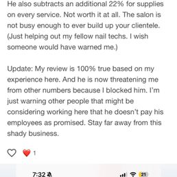 Threatening me for warning other nail techs about him. Threatening me for warning other nail techs about him.