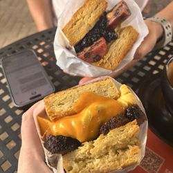 Briscuits - Brisket, egg, and cheddar and blueberry sausage and jelly.