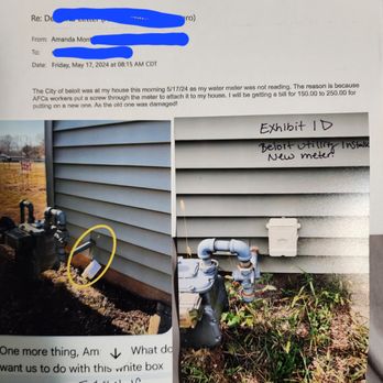 AFC Exteriors - Put screw through water meter, City of belit had to put in a new one - Roofing Near Me - Rockford, Illinois