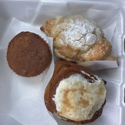 Fili Chateau - Left- pumpkin muffin- tasted just how I make them at home 7/10, almond croissant 10/10, cinnamon roll 8/10