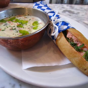 Tilikum Place Cafe - salmon & trout mousse on a mini baguette served with avgolemono soup - chicken broth with rice, lemon and egg - New American Near Me - Seattle, Washington Tilikum Place Cafe - salmon & trout mousse on a mini baguette served with avgolemono soup - chicken broth with rice, lemon and egg - New American Near Me - Seattle, Washington