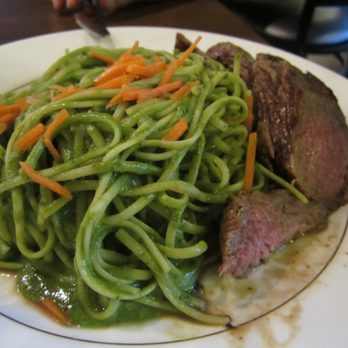 Canggio Restaurant - A creamy spinach & basil pesto sauce tossed w/linguine & served w/steak. - Peruvian Near Me - Norwich, Connecticut Canggio Restaurant - A creamy spinach & basil pesto sauce tossed w/linguine & served w/steak. - Peruvian Near Me - Norwich, Connecticut