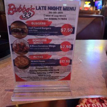 Bubba's 33 - Late night special - Burgers Near Me - San Antonio, Texas