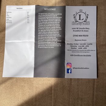Legend Nails - Frankfort - The back and front of the pamphlet - A tri-fold pamphlet for Legend Nails in Frankfort, IL, featuring service prices, business hours, contact details, and social media handles. - Nail Salons Near Me - Frankfort, Illinois