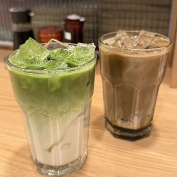 Tendon Kohaku - Iced Matcha Latte and Iced Kuromitsu Houjicha Latte - Japanese Near Me - Bellevue, Washington Tendon Kohaku - Iced Matcha Latte and Iced Kuromitsu Houjicha Latte - Japanese Near Me - Bellevue, Washington