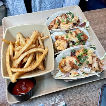 Local Kitchen & Beer Bar - "Shrimp BLT Tacos" (lettuce, slaw, cilantro lime marinated shrimp, bacon, charred salsa and kickn' crema, soft flour tortillas) - New American Near Me - Fairfield, Connecticut