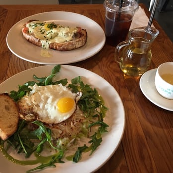 Copa Vida - Croque Madame, egg hash (chorizo should be under egg) cold brew coffee and oolong tea. - New American Near Me - Pasadena, California