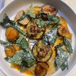 Savor - King Trump and scallops fresh Fava chestnut tart