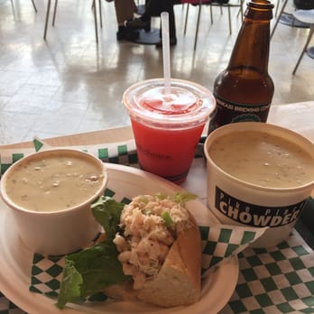 Pike Place Chowder - Pacific Place - New England Clam Chowders.  Beer for about $5 (so cheap) Dungeness crab & shrimp roll. - Seafood Near Me - Seattle, Washington