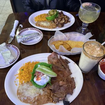 Jalisco Cantina - Carne asada dinner (rare), mezcal margarita, carnitas dinner, and a horchata. - Mexican Near Me - Lee, Massachusetts