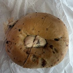 Cinnamon raisin bagel with cinnamon raisin walnut cream cheese