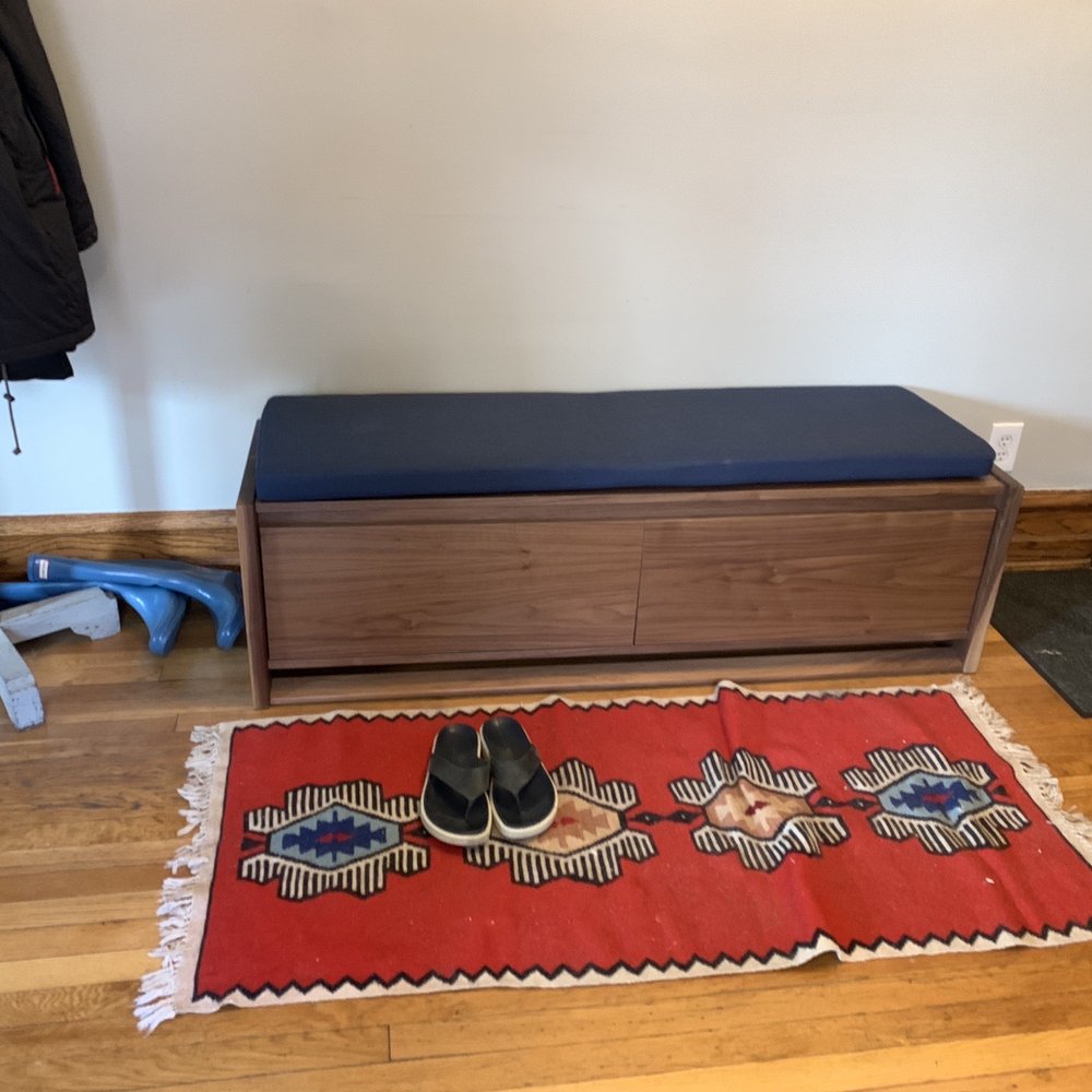 FoundRe - Custom hall storage bench in black walnut - Framing Near Me - Chicago, Illinois FoundRe - Custom hall storage bench in black walnut - Framing Near Me - Chicago, Illinois