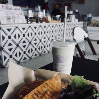 Acai Jungle Cafe - Organic Pesto Chicken Panini, $9 and Matcha Green Tea Shake, $6.50 - Sandwiches Near Me - Burbank, California Acai Jungle Cafe - Organic Pesto Chicken Panini, $9 and Matcha Green Tea Shake, $6.50 - Sandwiches Near Me - Burbank, California
