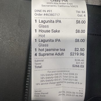 Crazy pot - The bill for the weekend most expensive day and supreme everything included except for drinks meal - Sushi Bars Near Me - Sacramento, California Crazy pot - The bill for the weekend most expensive day and supreme everything included except for drinks meal - Sushi Bars Near Me - Sacramento, California