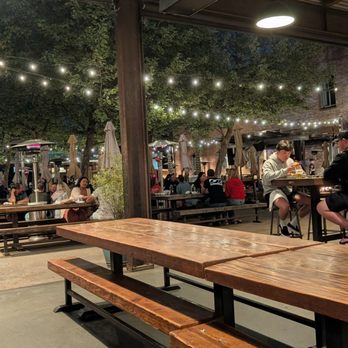Brewsters Beer Garden - Seating area with string lights and heaters too - Barbeque Near Me - Petaluma, California