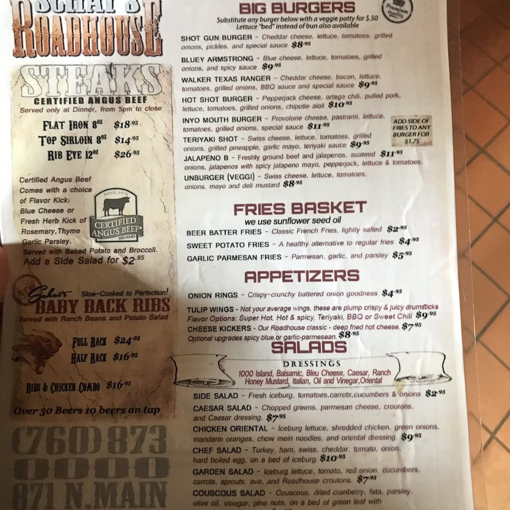 Aaron Schat's Roadhouse - Menu - American Near Me - Bishop, California Aaron Schat's Roadhouse - Menu - American Near Me - Bishop, California