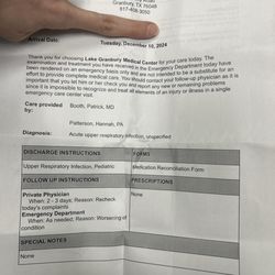 Lake Granbury Medical Center Emergency Room - Discharge papers from Lake Granbury Medical Center.