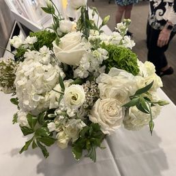 Green and white Hydrangeas, white roses,  white rinonculas