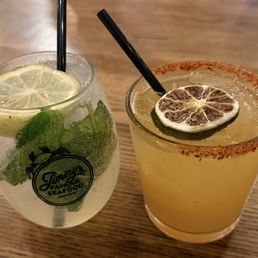 Cocktails one was a gin spritzer with Bombay gin, Prosecco, and mint the other was tequila based with hot honey & sour mix Cocktails one was a gin spritzer with Bombay gin, Prosecco, and mint the other was tequila based with hot honey & sour mix
