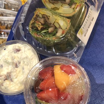 Base Camp Eatery - Veggie wrap, Fruit cup, and chicken salad. - American Near Me - Yosemite Valley, California Base Camp Eatery - Veggie wrap, Fruit cup, and chicken salad. - American Near Me - Yosemite Valley, California