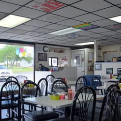 Blondeez Restaurant - Love the whimsical artwork on the windows and ceiling tiles