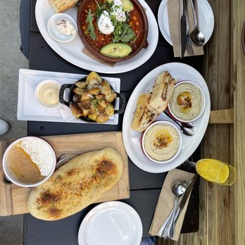 Medina Cafe - Vegetarian tangine, hummus, baba ganoush, marscapone with honey and black pepper, and roasted potatoes - Breakfast & Brunch Near Me - Vancouver, British Columbia