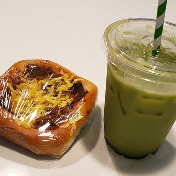 Sinfull Bakery - Pizza bread (one of my favs) with an iced matcha latte! - Bakeries Near Me - Houston, Texas