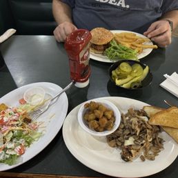 Side salad (upcharge), mushroom and Swiss chicken with okra and hickory burger with fries Side salad (upcharge), mushroom and Swiss chicken with okra and hickory burger with fries