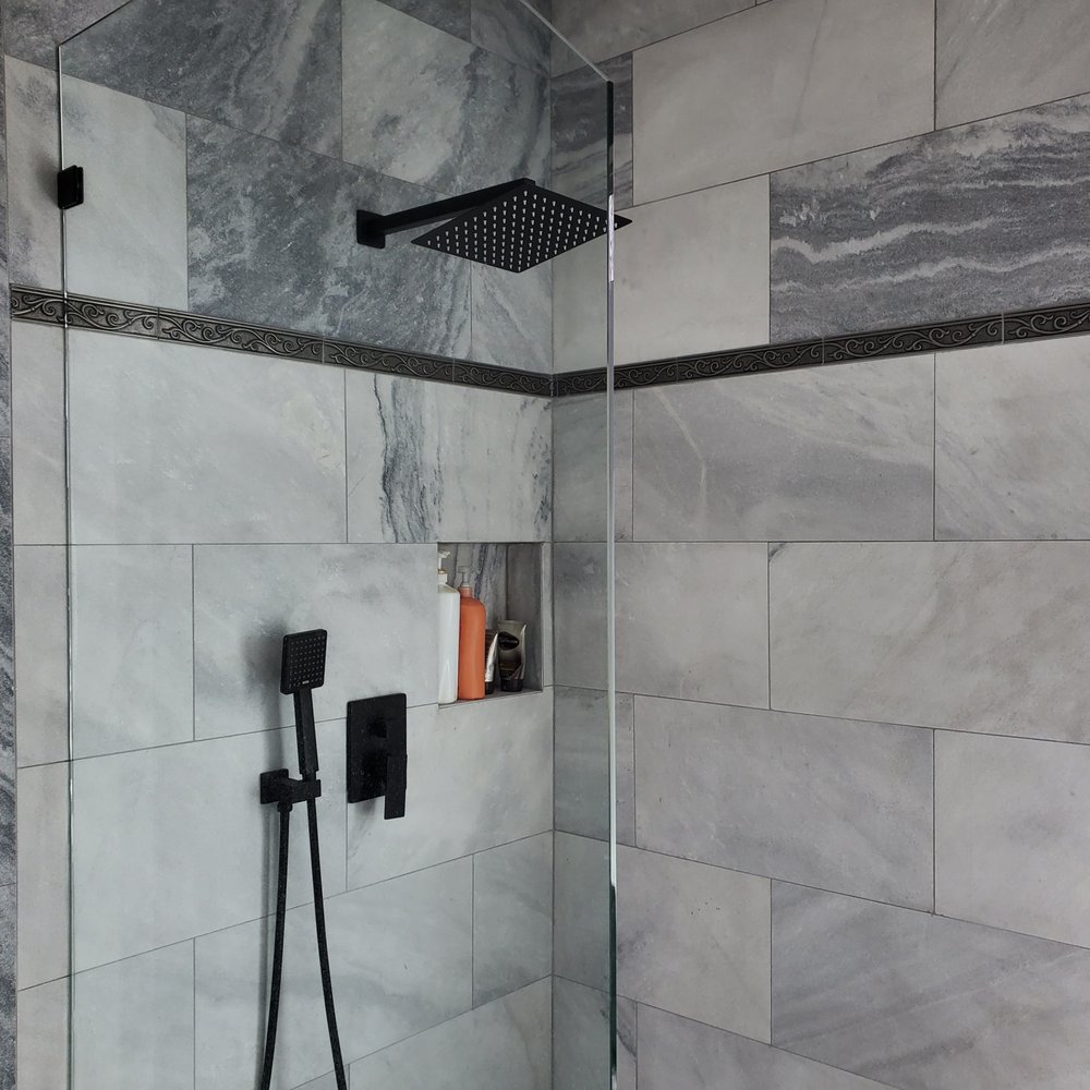 CHV Construction - This is only a portion of our 6 ft shower. Clint did a beautiful job placing our tiles strategically. It takes 3 pictures to show. - General Contractors Near Me - Orem, Utah CHV Construction - This is only a portion of our 6 ft shower. Clint did a beautiful job placing our tiles strategically. It takes 3 pictures to show. - General Contractors Near Me - Orem, Utah