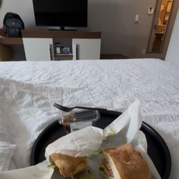 Sandwich on Bone Bread and Chocolate oblivion shot (coffee mouse cake)
