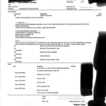 VRM Motorsports - Invoice for the work he tryed to scalp me on. I am a real customer. - Motorcycle Repair Near Me - Hesperia, California VRM Motorsports - Invoice for the work he tryed to scalp me on. I am a real customer. - Motorcycle Repair Near Me - Hesperia, California