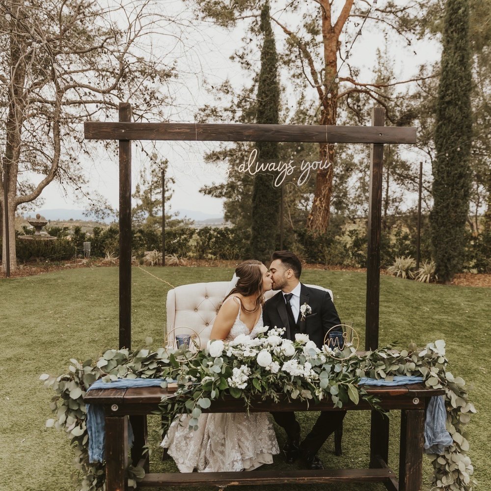 Table, backdrop stand and bench. All came together so perfectly for our vision  Photo by @kayleyalexaphotography