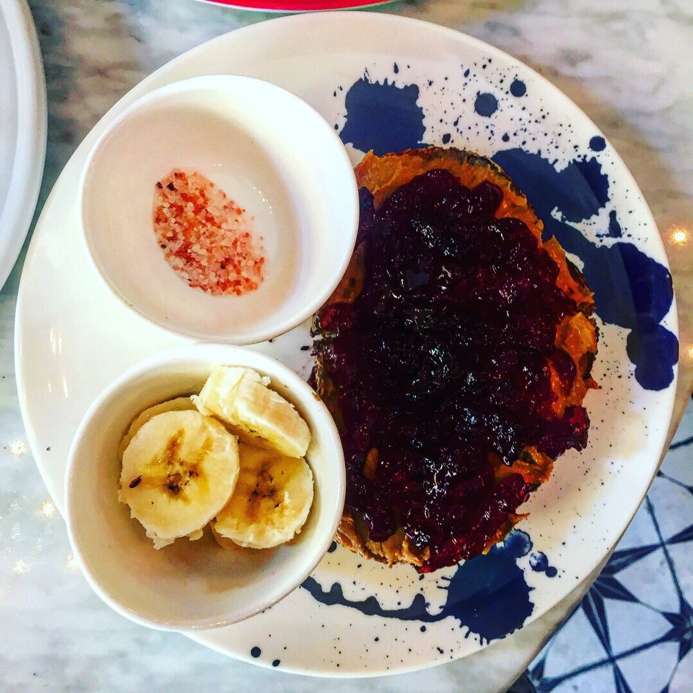 Alt Eats Cafe - PB&J toast with fresh sliced banana and pink Himalayan sea salt - Coffee & Tea Near Me - Ho-Ho-Kus, New Jersey Alt Eats Cafe - PB&J toast with fresh sliced banana and pink Himalayan sea salt - Coffee & Tea Near Me - Ho-Ho-Kus, New Jersey