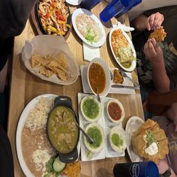 Chile verde plate, chicken fajitas, shrimp burrito, beef taco salad, quesadilla, chips and salsa